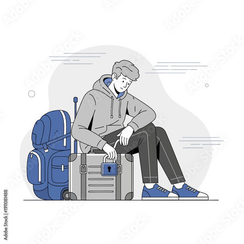 Young Traveler Waiting Patiently With Luggage For Journey