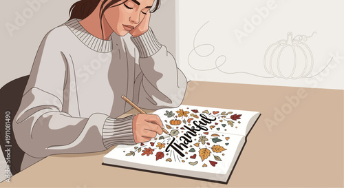 Woman Expressing Gratitude: Illustrated Artwork of Autumn Writing and Thankfulness Theme