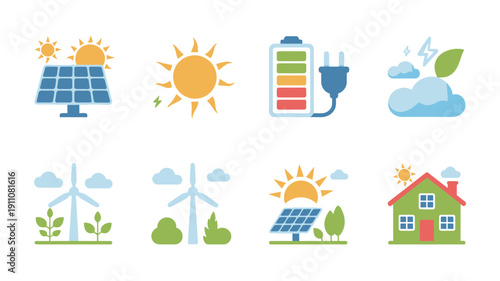 Solar Energy and Renewable Power Color Icon Set Clean Modern Vector