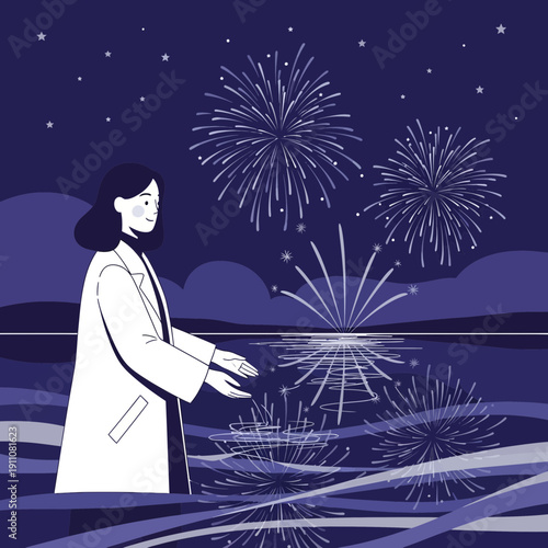 Woman Gazing At Fireworks Displayed Over Water During A Night Celebration
