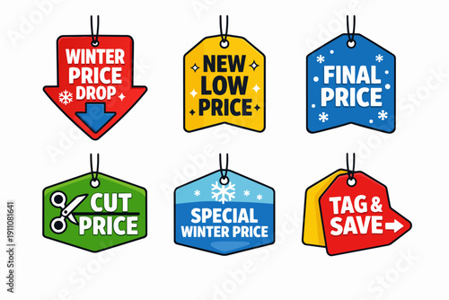 Winter discount tags and labels for seasonal shopping sales and special offers