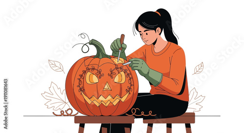 Young Woman Carving A Jack-o'-lantern For Halloween