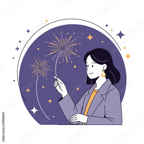 Woman Gazing at Vibrant Fireworks Display on a Night Sky Background, Celebration Concept