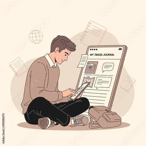 Young Man Documenting His Journey Online With Digital Travel Journal Application