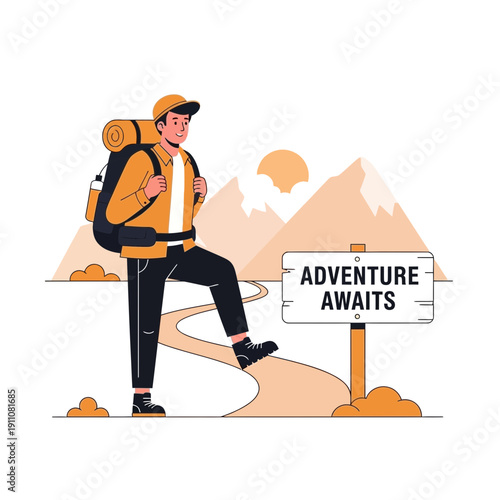 Young Man Embarking on Mountain Adventure Journey With Backpack Ready