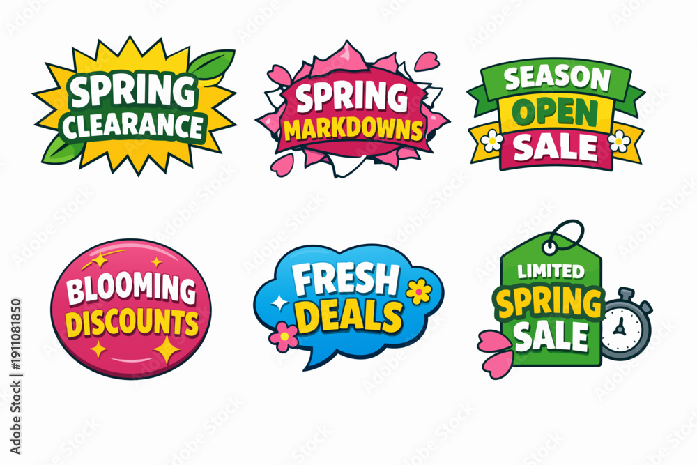 Naklejka premium Spring sale labels and discount banners set, offering seasonal markdowns and clearance