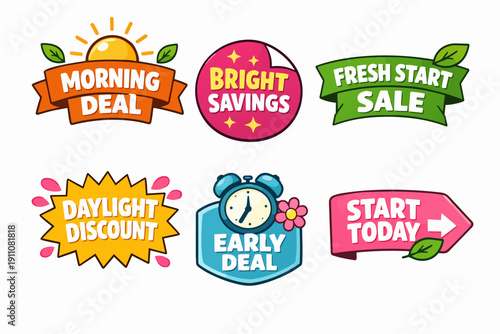 Morning deal, early bird savings, and fresh start promotion tags collection