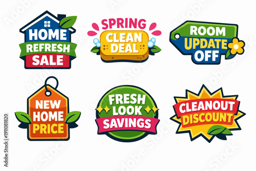 Spring cleaning sales icons offering home refresh, room updates, and discount deals