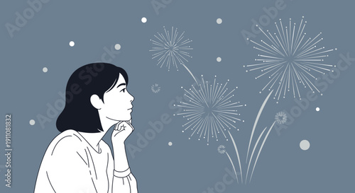 Young Woman Gazes At Bright Firework Displays In Night Sky