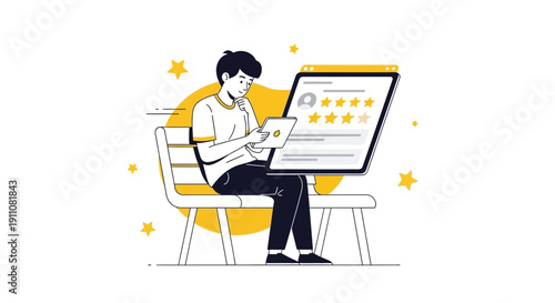 Young Man Evaluates Online Reviews And Ratings On A Digital Screen
