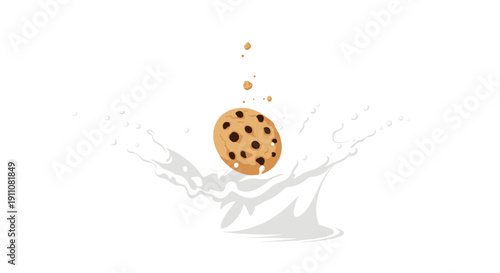 A round light brown chocolate chip cookie splashes into a pool of white milk, creating dynamic liquid droplets.