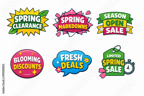 Spring sale labels and discount banners set, offering seasonal markdowns and clearance