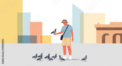 Young Man Feeding Pigeons In A Stylized City Square