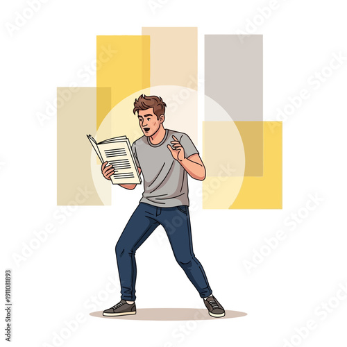 Young Man Expressively Reading From Open Book Animated Style