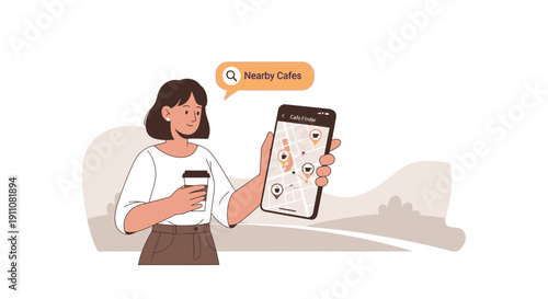 Woman Holding Coffee Cup And Phone With Cafe Finder App Illustration
