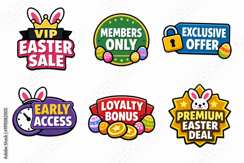Easter selling promotion labels and badges offering exclusive deals for members