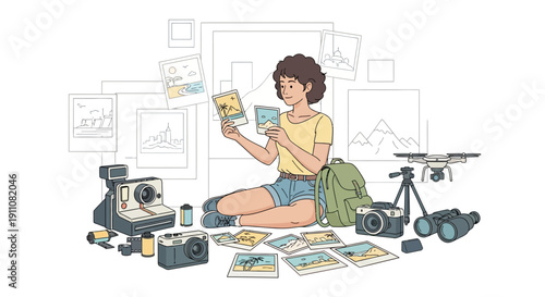 Young Woman Organizing Vacation Photos With Photography Gear And Travel Memories