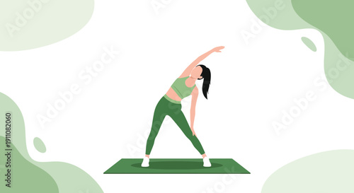 Woman In Green Activewear Performing A Side Bend Stretch On A Mat