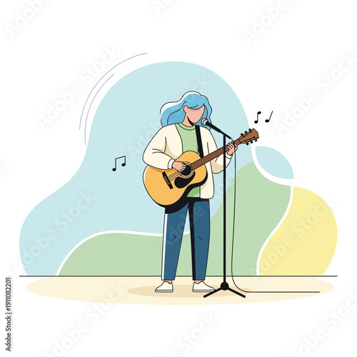 Young Woman Singing And Playing Guitar On Stage With Microphone