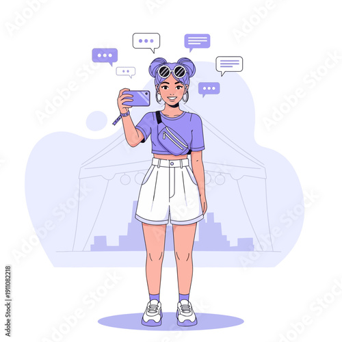 Young Woman Taking Selfie at Outdoor Music Festival with Speech Bubbles and Positive Messages