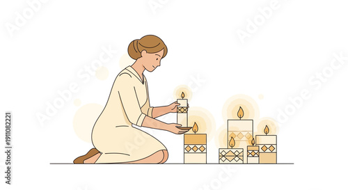 Woman Lighting Decorative Candles Peaceful Ritual Ambiance