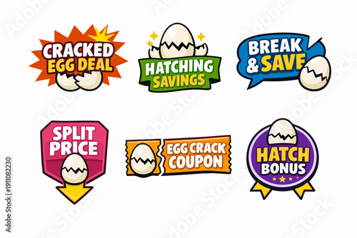 Egg themed sales badges promoting discount, coupon, savings, and bonus deals