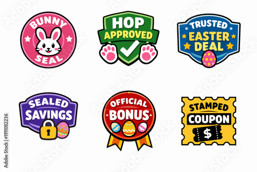 Easter promotion badges and stickers presenting shopping deals and holiday savings