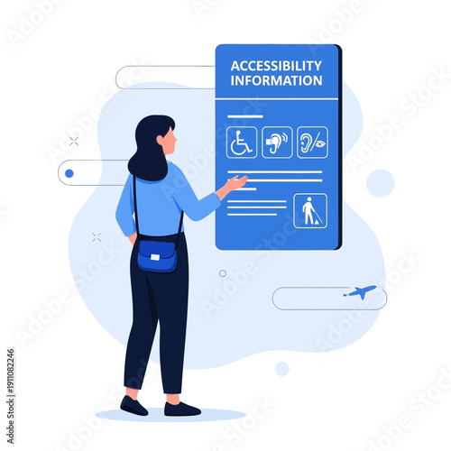 Woman Viewing Accessibility Information Board Presenting Inclusive Design for Diverse Audiences