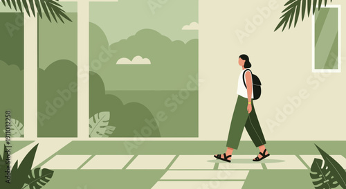 Woman Walking Along A Greenish Pathway With Scenic Landscape In The Background