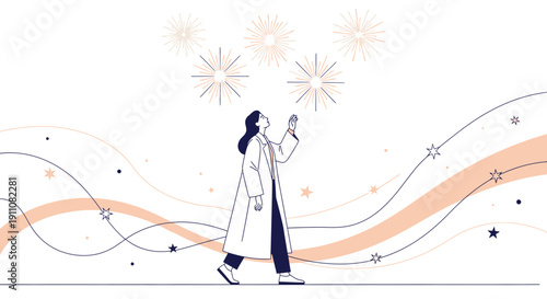 Woman Walking Towards Starbursts And Wavy Lines With Stars