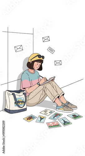 Young Woman Writing In Journal Surrounded By Postcards And Letters