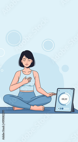 Woman Meditating Peaceful Serene Digital Device