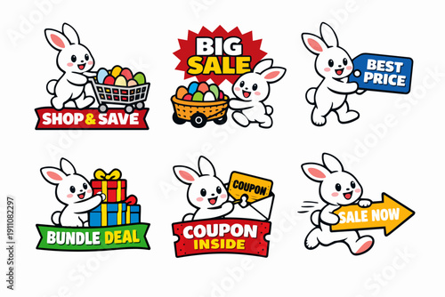 Cartoon rabbit character marketing promotion set, offering discount, coupon, and sale deals