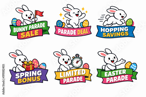 Cute cartoon easter bunny characters with eggs, promoting parade sales and savings