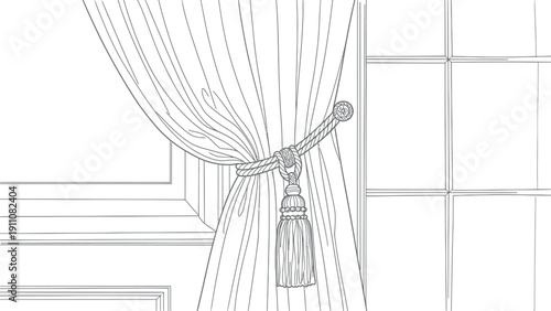 Detailed line art drawing of a luxurious drapery tieback featuring an ornate tassel holding back flowing fabric next to a divided window pane illustration.