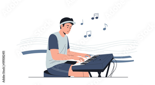 Young Man Playing Keyboard Creating Melodies And Musical Notes