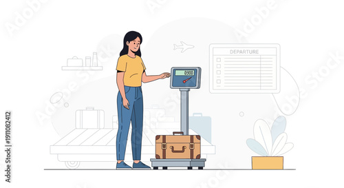 Woman Weighing Luggage At Airport Departure Check In Counter With Board