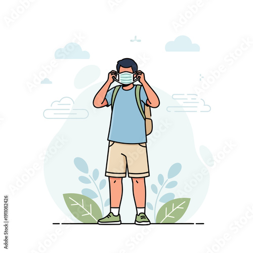 Young Man Putting On Face Mask For Protection Outdoors