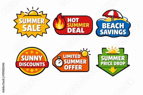 Collection of summer sale labels and badges providing various promotions and deals