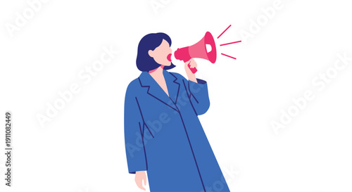 A woman with short dark hair in a long blue coat shouts into a red megaphone on a white background.
