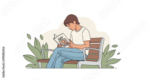 Young Man Reading Art Magazine On A Park Bench Amidst Lush Greenery