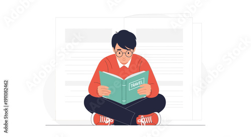 Young Man Reading A Travel Book Planning Adventure Or Holiday Destination