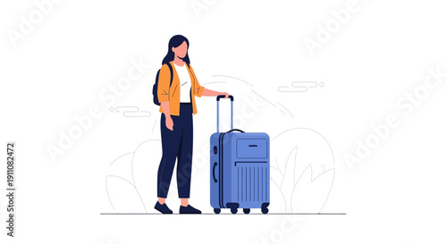 Woman With Rolling Suitcase And Backpack Ready For Travel Adventure