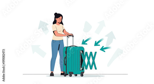Woman With Teal Suitcase Preparing For Journey Destination Arrows
