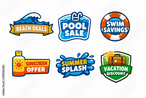 Summer sales, vacation discounts, pool deals, and beach offers advertising labels set