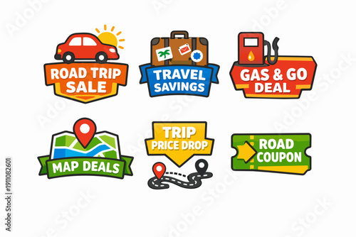 Road trip promotion badges offering travel savings, deals on gasoline, and map discounts