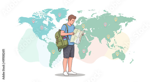 Young Adventurer Navigating Global Destinations With Map and Backpack