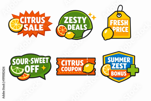 Citrus fruit sale stickers set offering discount coupons for summer fresh prices