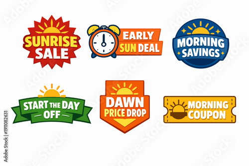 Sunrise sale and early morning deal badges showing promotional offers and savings