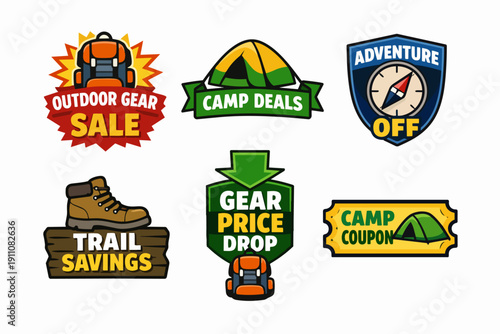 Outdoor adventure gear sale badges for camping, hiking, and trail savings promotions